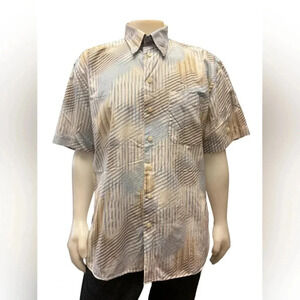 Jack Lipson 100%  Cotton S/S Striped Polo Button Up Tan/Blue/White Shirt Size XL